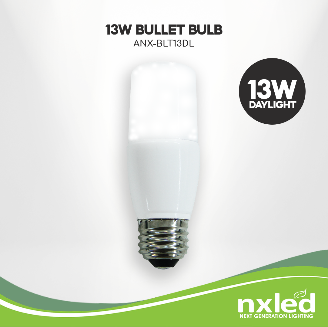 NxLedNxled Bullet Bulb (ANX-BLT13DL)
Key Features:
Nxled Bullet Bulb (ANX-BLT13DL)


13W, 6500K, Daylight, 1250 lumens
E27, 50x136mm, 15,000HRS
220-240VAC 50/60Hz
BulbsNXLED