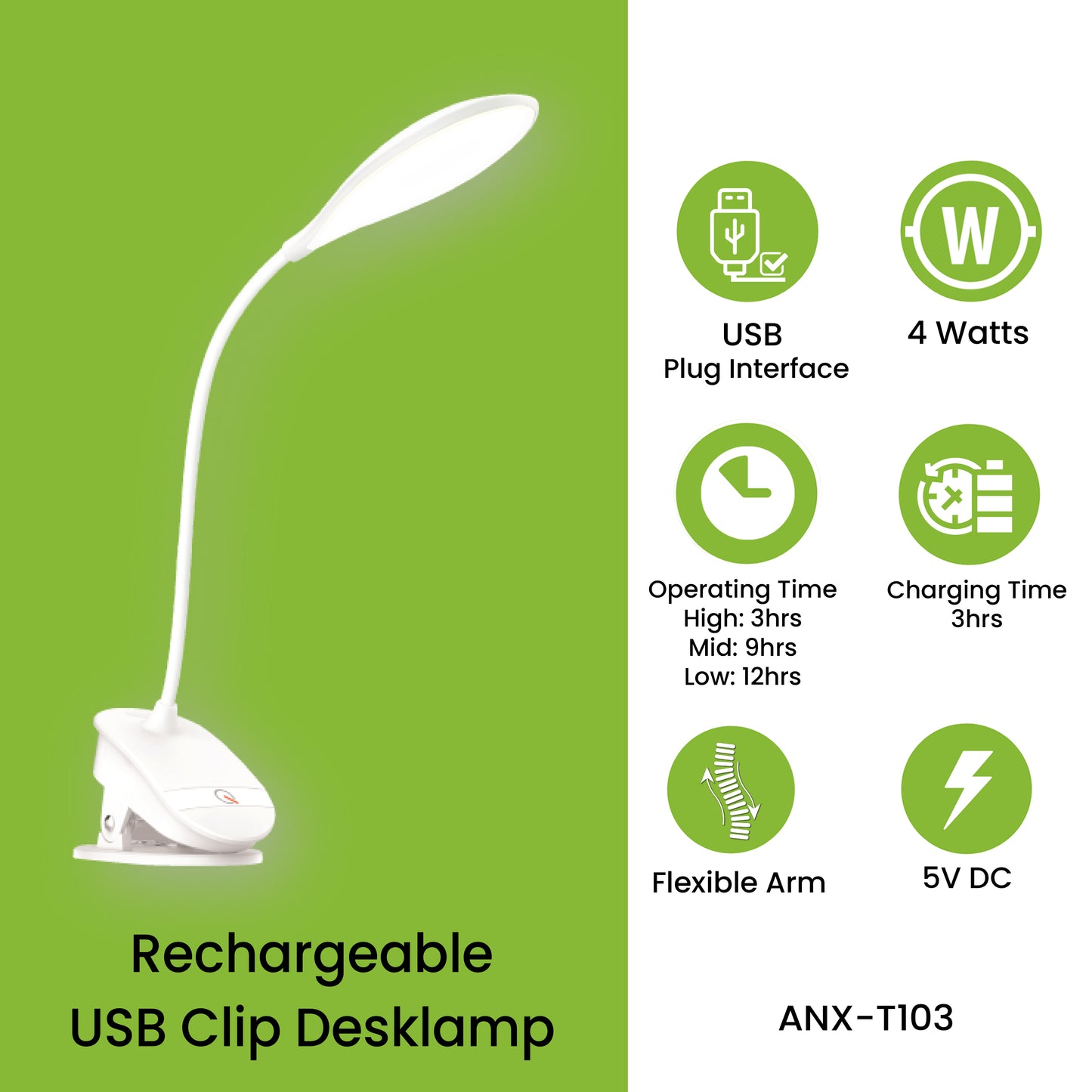 Nxled 4W Rechargeable USB Clip Desklamp Daylight (ANX-T103)