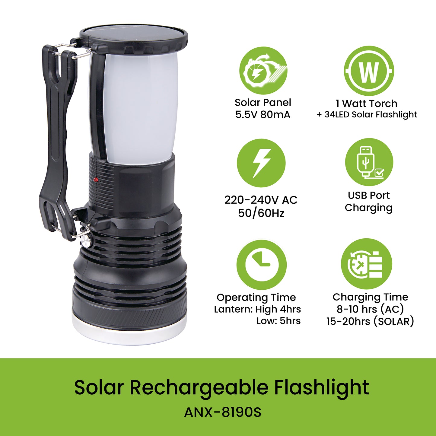 Nxled Solar Rechargeable Flashlight (ANX-8109S)