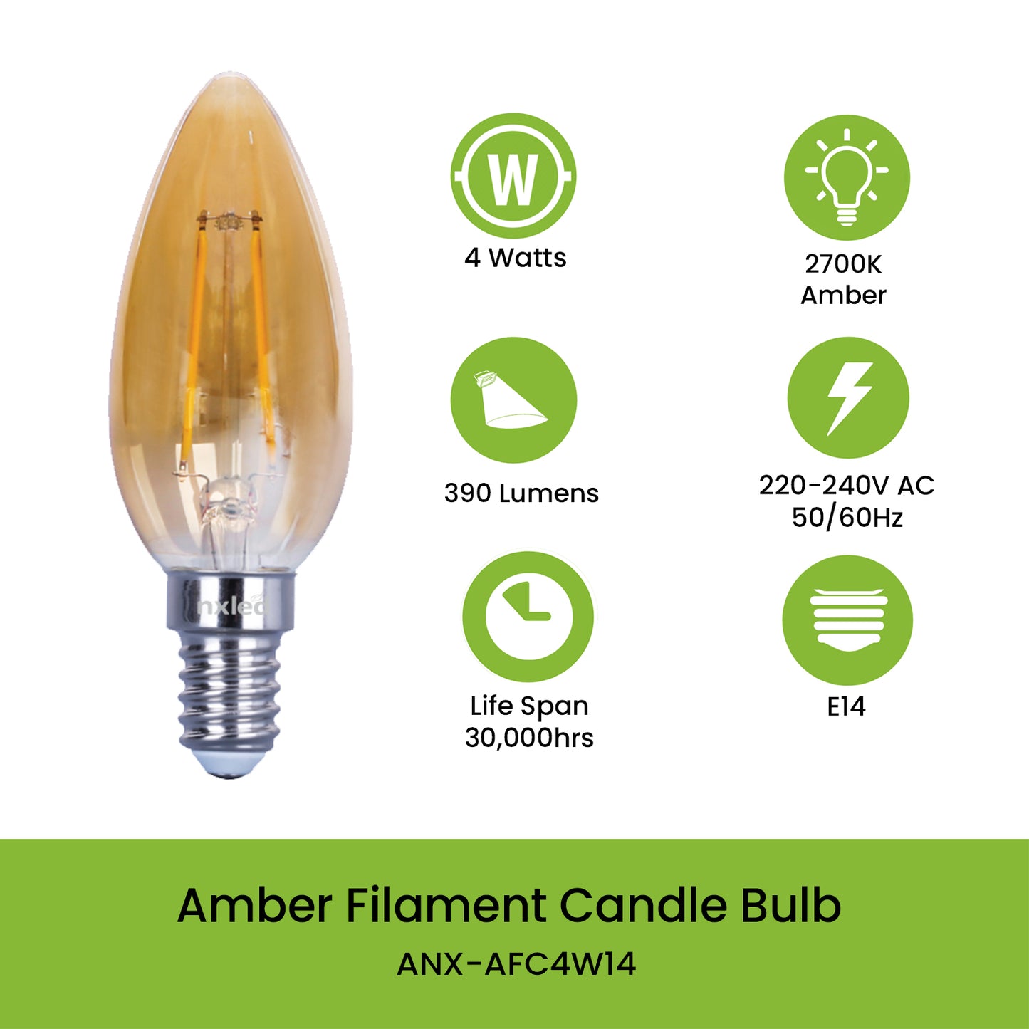 CLEARANCE SALE: NxLed Amber Filament Candle Bulb 4W (ANX-AFC4W14)
