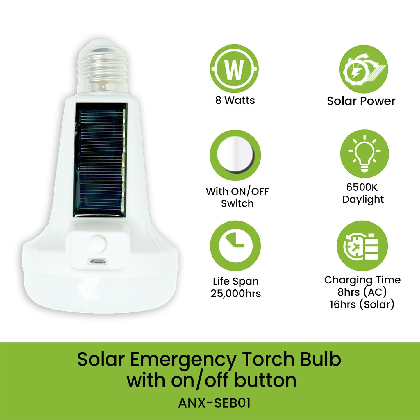 Nxled 8W Solar Emergency Torch Bulb With On/Off Button Daylight - (ANX-SEB01)